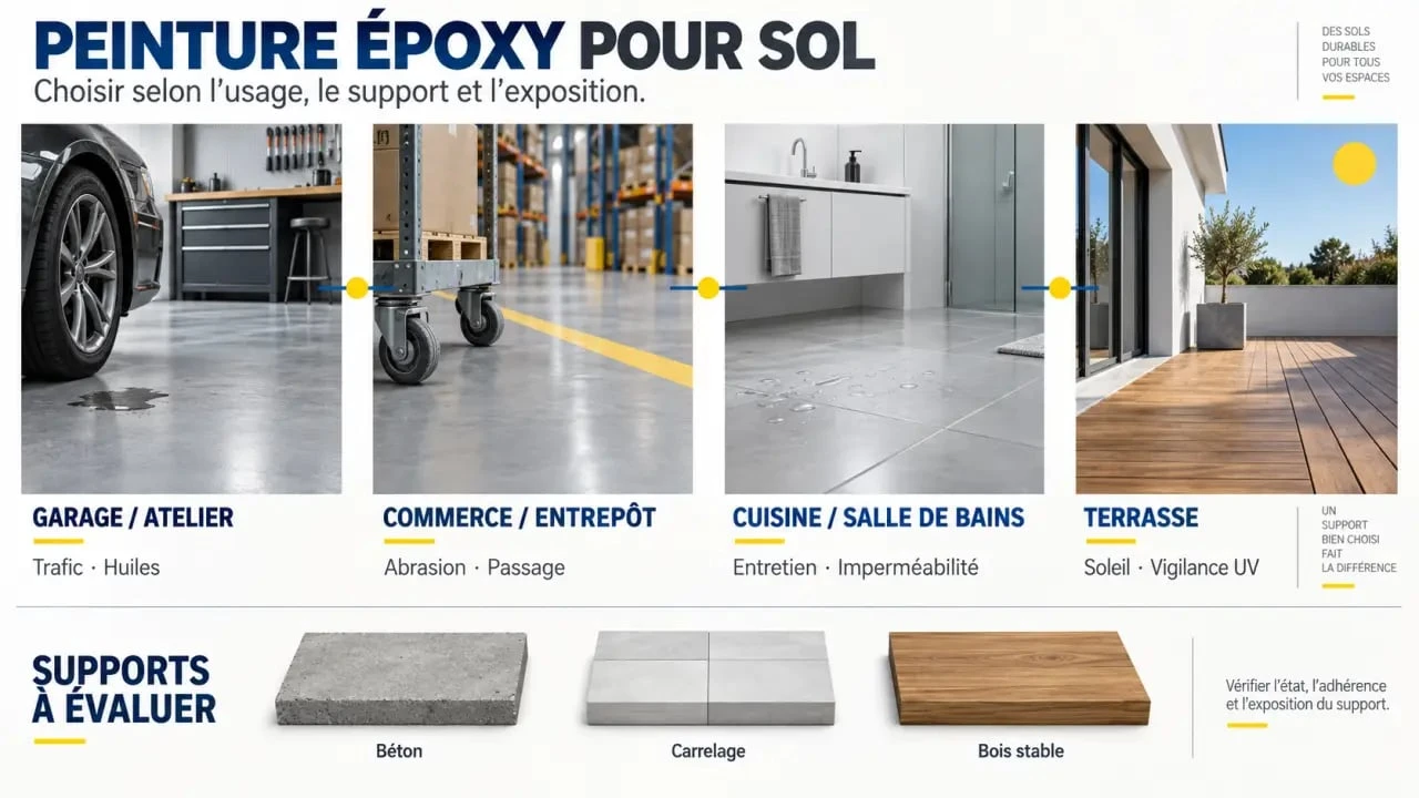 Infographie sur le choix d'une peinture époxy pour sol selon le support, l'usage et l'exposition aux UV