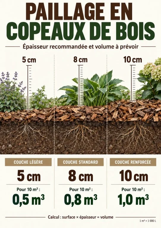 Infographie sur le jardin copeaux de bois avec épaisseurs de paillage et volumes nécessaires