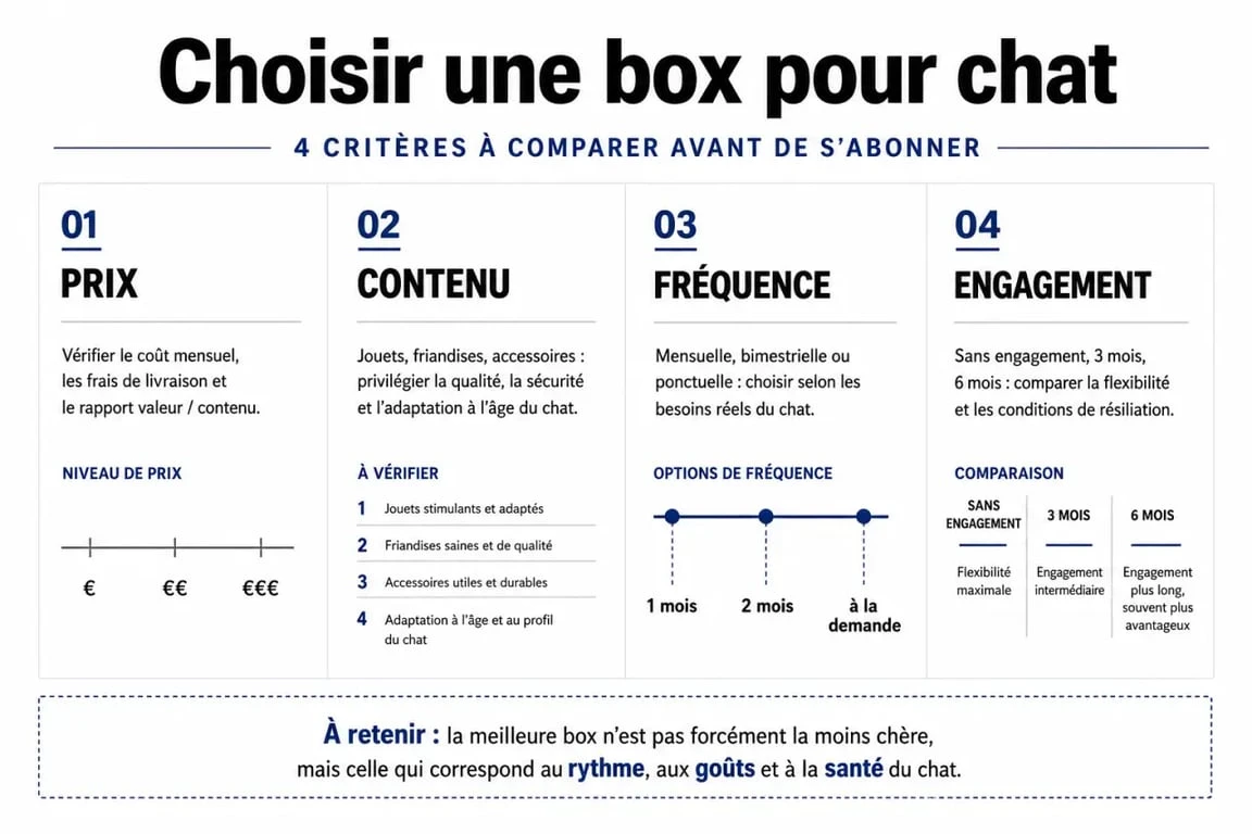 Infographie comparative des critères pour choisir la meilleure box pour chat