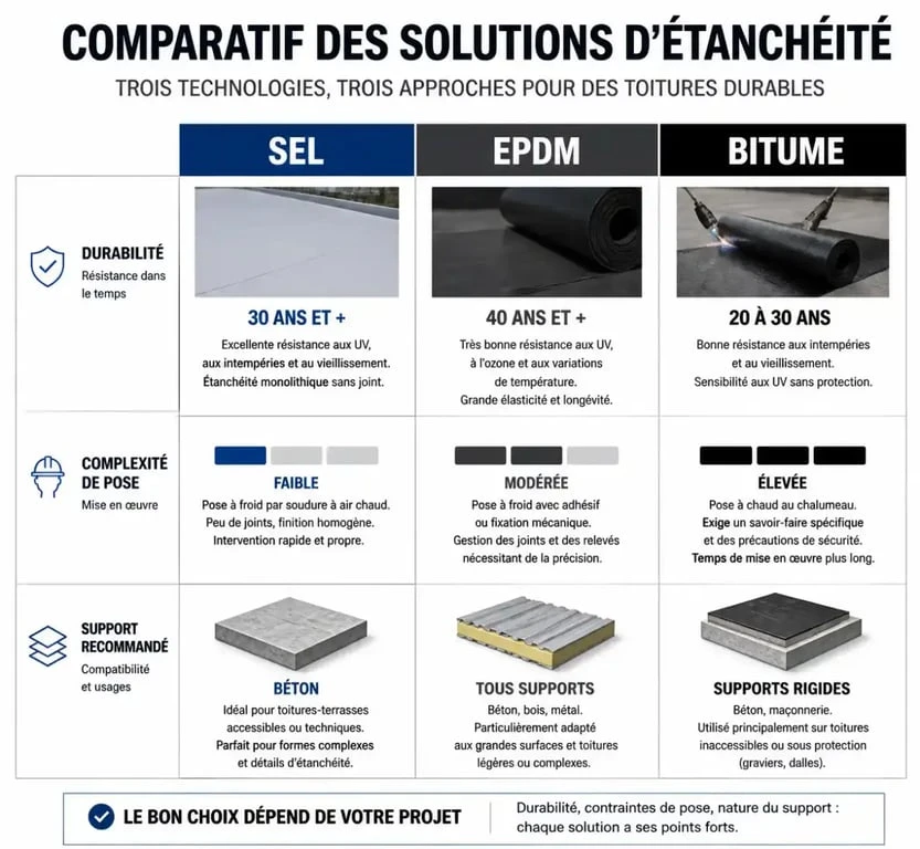 Comparatif des solutions d'étanchéité pour balcon : SEL, EPDM et Bitume
