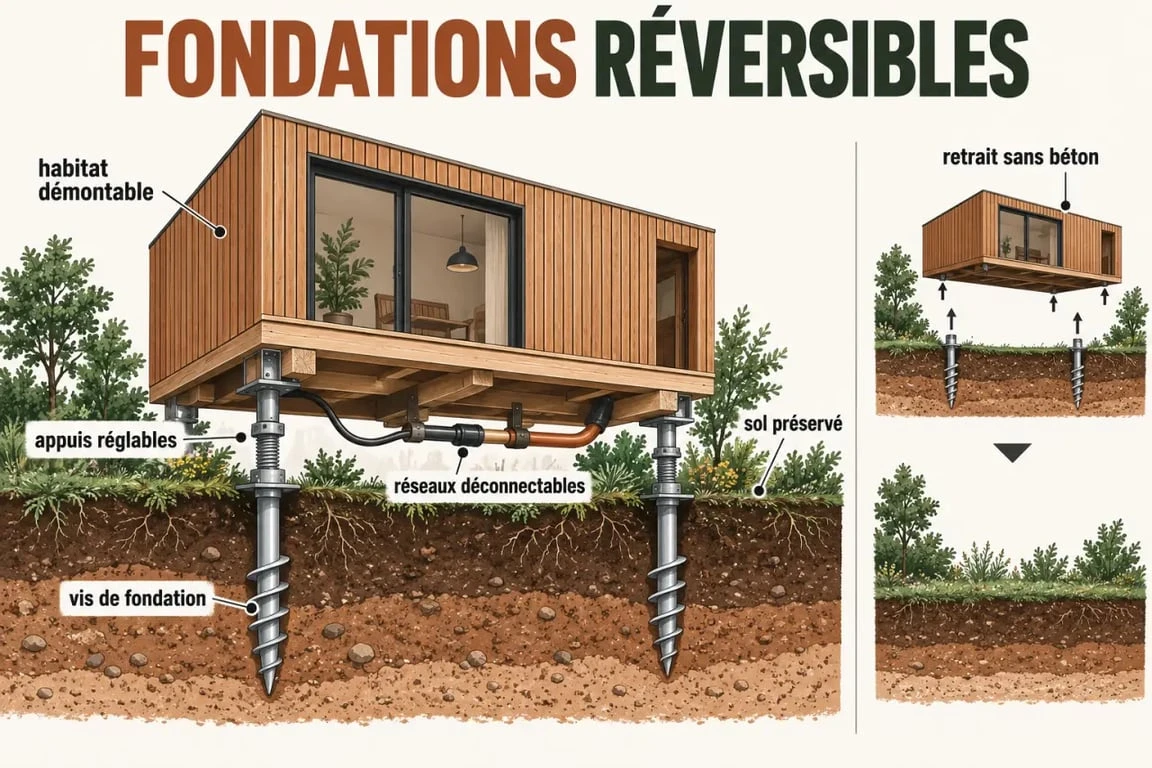 Schéma simplifié du fonctionnement des fondations réversibles d’un habitat réversible