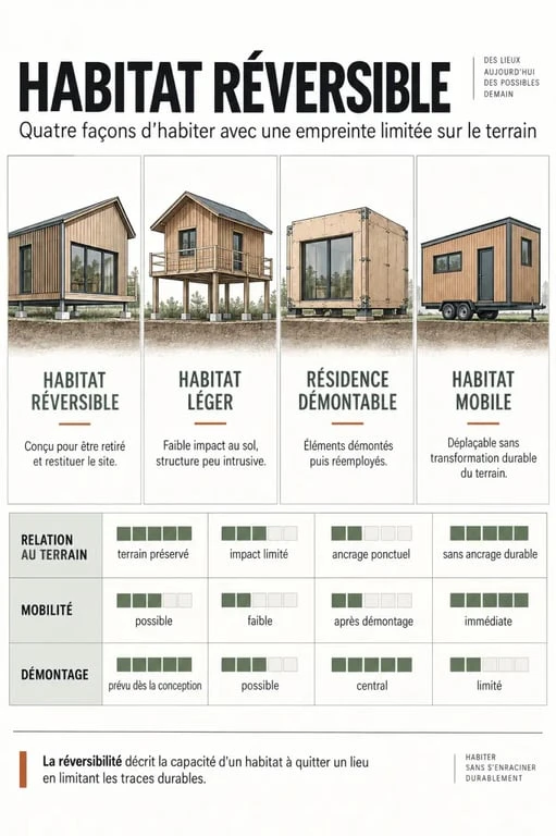 Infographie comparative sur l’habitat réversible, l’habitat léger, la résidence démontable et l’habitat mobile