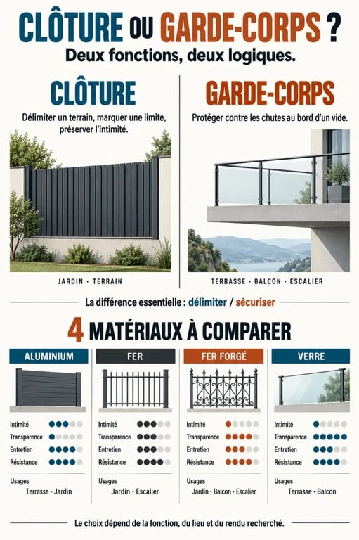 Infographie comparative garde corps cloture et matériaux pour jardin, terrasse et balcon
