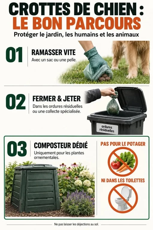 Infographie que faire des crottes de chien dans le jardin : poubelle, collecte ou composteur dédié