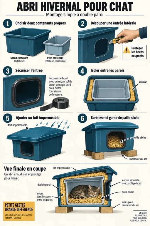 Étapes de fabrication d'une maison pour chat extérieur en hiver avec double contenant et paille