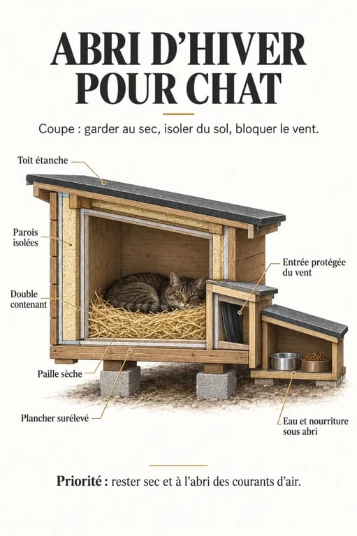 Infographie d'une maison pour chat extérieur en hiver avec isolation, paille, entrée latérale et plancher surélevé