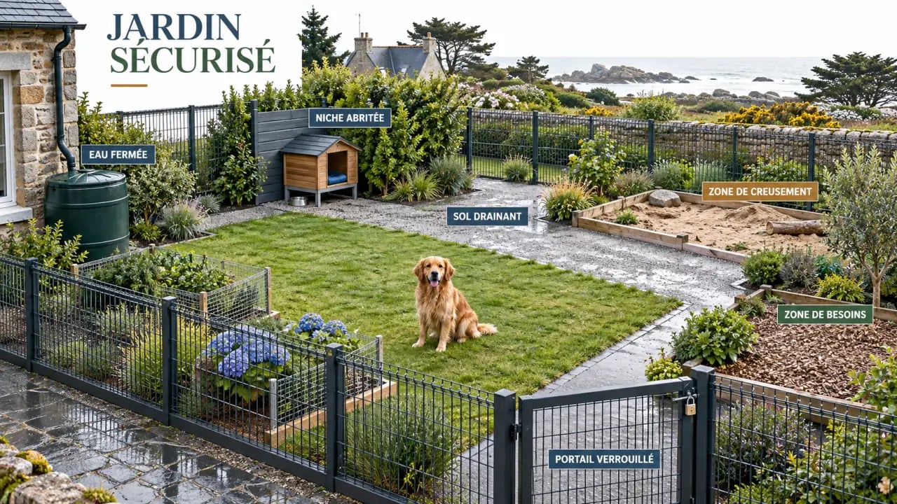 Aménager un jardin sécurisé pour son chien en Bretagne avec clôture, niche et zones dédiées