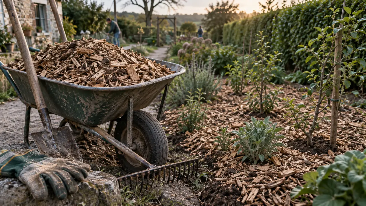 Jardin copeaux de bois 5 à 8 cm pour réduire l’arrosage et limiter les adventices