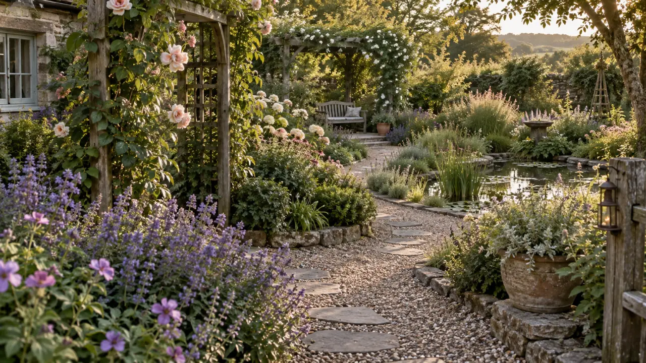 Jardin cottage : chemin fleuri, népétas et géraniums