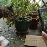 Jasmin toxique chat : feuilles et fleurs mâchées par un chat sur un balcon