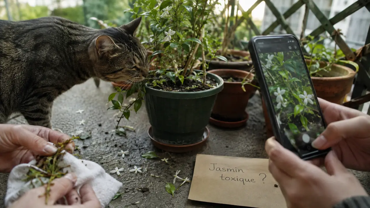 Jasmin toxique chat : feuilles et fleurs mâchées par un chat sur un balcon