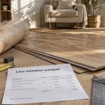 Lino imitation parquet : rouleau et lames vinyle chêne en pose