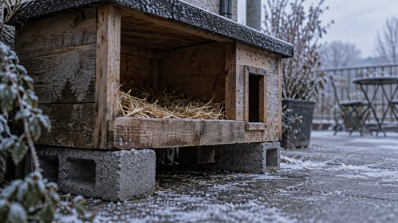 Maison pour chat extérieur hiver surélevée et sèche, sol avec givre