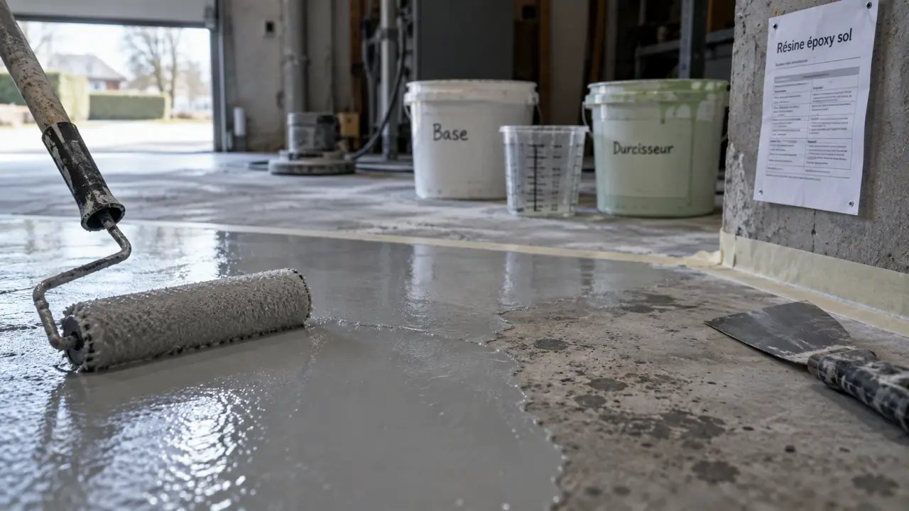 Peinture epoxy sol : dosage et préparation sur béton, rouleau et seaux bi-composants pour adhérence