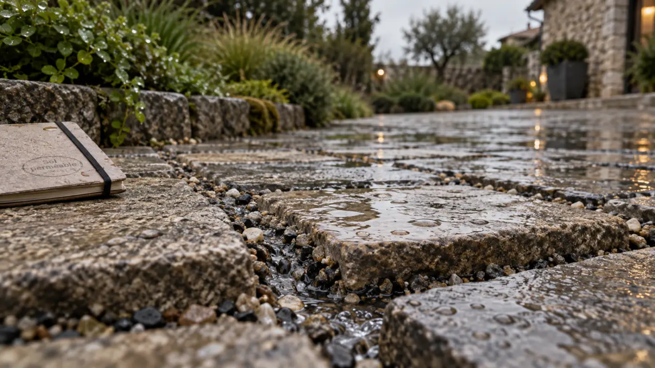Revêtement perméable sol extérieur : pavés à joints ouverts, eau qui s’infiltre