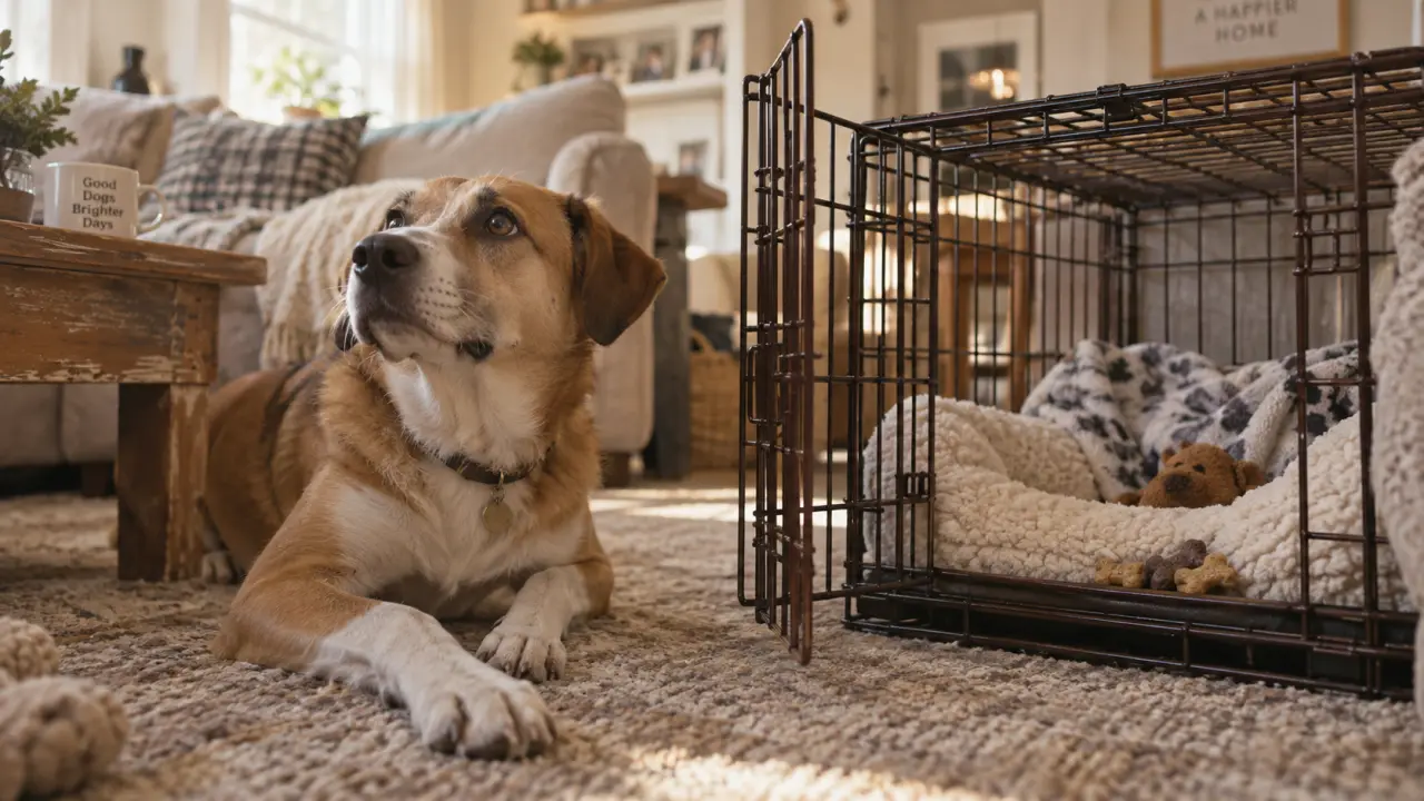 Cage chien maison ouverte avec tapis et coussin, chien calme