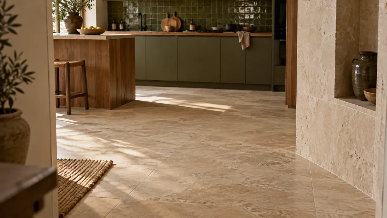 Carrelage tendance 2025 : sol travertin beige en grands formats
