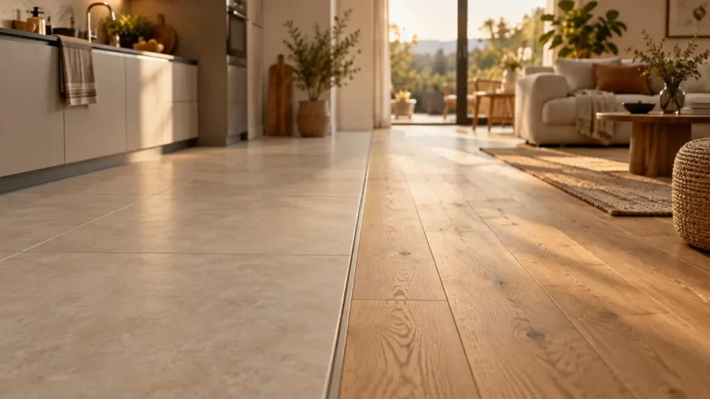 Mélanger parquet et carrelage structure une pièce ouverte, à condition de soigner la jonction