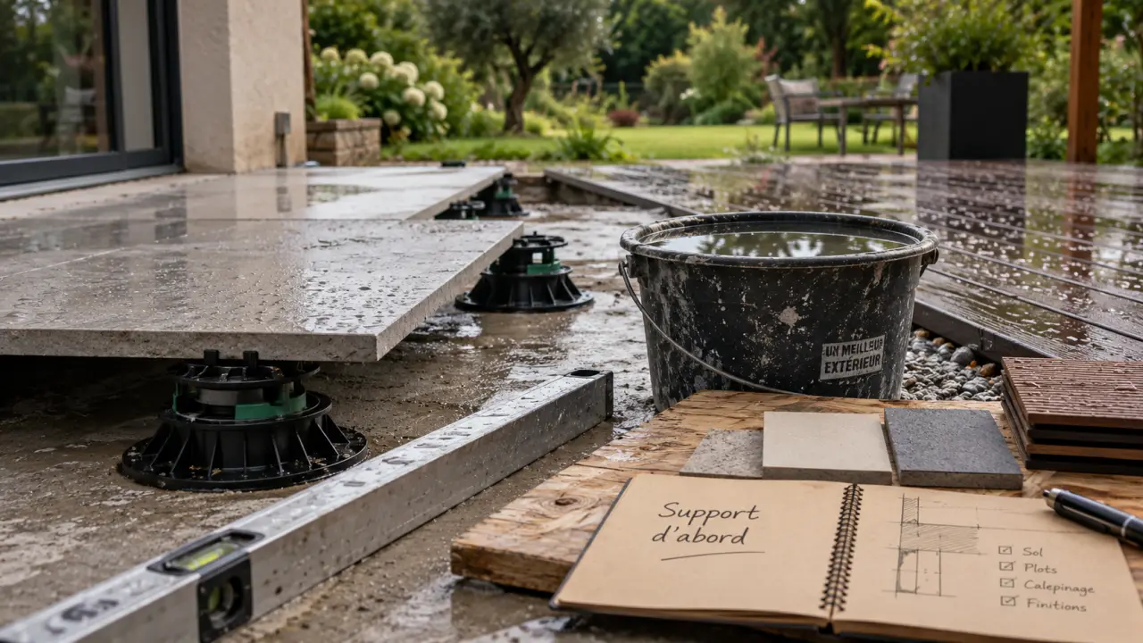 Revêtement sol extérieur terrasse : dalle béton et grès cérame, contrôle pente et eau