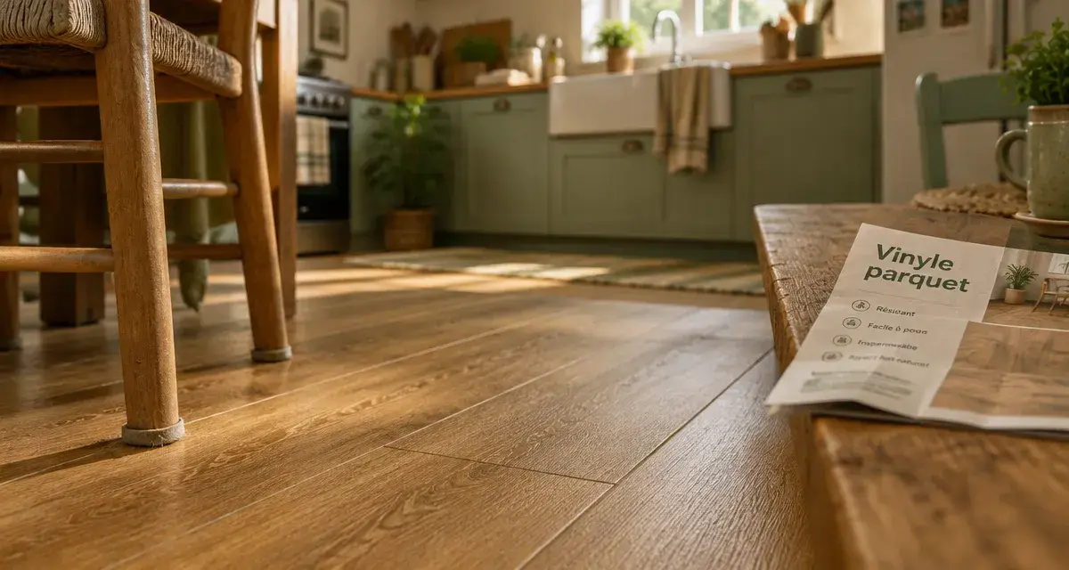 Vinyle imitation parquet en chêne miel dans une cuisine